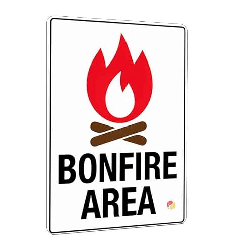 Bonfire Area Warning Sign 12x8 Inch, Metal Safety Notice Plaque with Fire Icon, Weather-Resistant Wall Decor Sign for Backyard, Campground, Patio, Fire Pit Zone