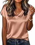 Zeagoo Ladies Tops and Blouses Summer Short Sleeve Shirts Business Casual Clothes V Neck Silk Satin Tshirts Light Coffee