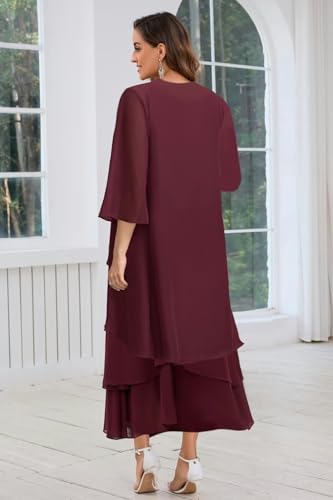 BANTRATIC 2 Pieces Mother of The Bride Dresses for Wedding Chiffon Ankle Length Tiered 3/4 Sleeve A-Line Formal Party Gown4