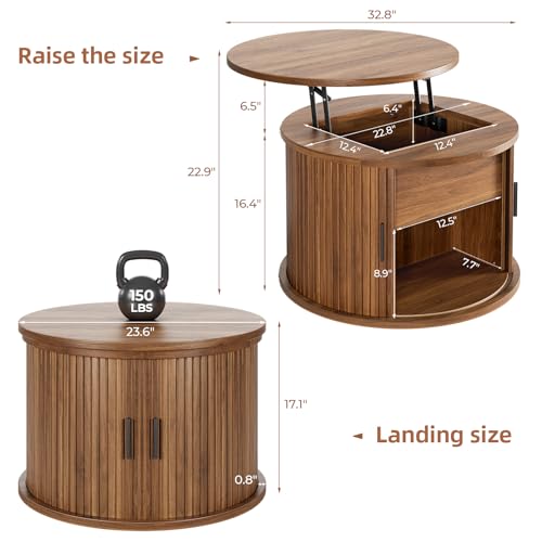 Round Lift Top Coffee Table, 23.6" Fluted Drum Coffee Table with Large Hidden Storage for Living Room, Center Table with Sliding Rolling Door for Small Spaces, Apartment, Home Office, Brown - Image 3