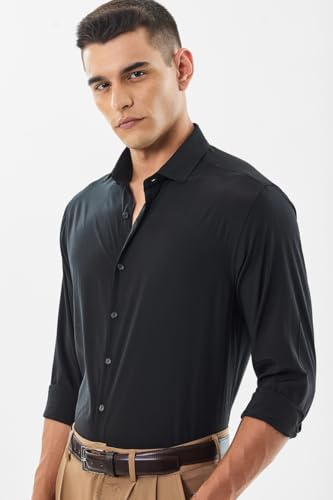 Image of SNITCH Men Casual Shirt | Regular Fit Full Sleeve Spread Collar Solid Design | Premium Polyester Viscose Blend & Lightweight Fabric for Office & Outings