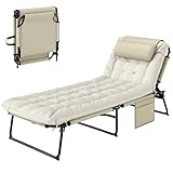 Outsunny Lettino da Giardino Pieghevole e Reclinabile con Tasca Laterale, Poggiatesta e Cuscino, Lettino Sdraio in Tessuto a Rete, Poliestere e Acciaio, 68x189x30 cm, Beige