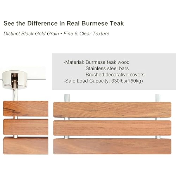 DIYHD 20 Premium Burmese Teak Wood Folding Shower Seat Bench, Brushed Wall Mounted Folding Bench, Solid Teak Wood with Stainless Steel Bars, 330 lbs Capacity, 14 W x 20 D, Fits 16 Stud Spacing