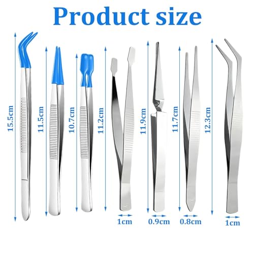 7 Pcs Pinzas de Precisión de Acero Inoxidable, 3 Puntiagudas con Punta Silicona, 4 Pinzas Depilar Antideslizante, Recta+Curva+Planas+Cruzadas, para Manual, Belleza, Tratamiento, Pestañas, Labora - imagen 2