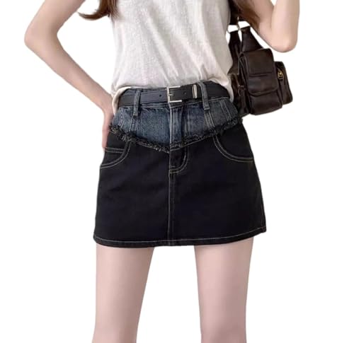 Women's High Waist Slimming Short Skirt Summer Splicing Contrasting Denim Skirt