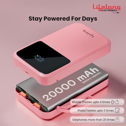 Image of Lifelong Electronics 20000mAh 22.5W Fast Charging Power Bank | 3 Inputs (1 Built-in USB A Cable + 1 C + 1 Lightning Port) & 6 Outputs (3 Built-in Cables + 1 C + 2 A Port) | Small Pocket Size Powerbank