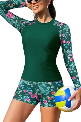 SHEKINI Women 2 Piece Rash Guard Long Sleeve Swimsuits Sunscreen Surfing Shirt Swimwear Bathing Suit Swimming (Green+Flower, Large)