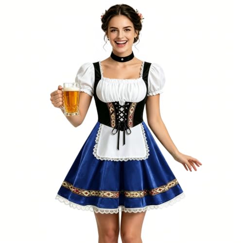 HAPNBCELE Women Oktoberfest Costume Bavarian Dirndl Dress (Blue, L)