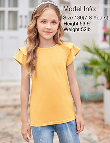 Image of Girls T Shirts Ruffle Short Sleeve Round Neck Loose Blouse Summer Solid Color Casual Girl Tee Tops for 3-12 Years