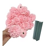 Rikyo 50 Artificial Silk Carnation Flower Head with Stems Set,Vase Fillers, Home Bridal Wedding Party Birthday Cake Ornaments,Handmade Wrist Corsage,3' Multiple Petals Heads with 8' Stems (Pink)