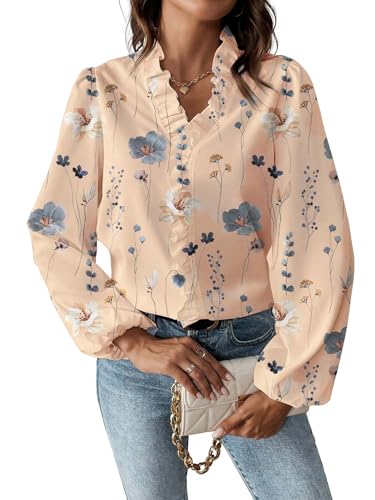 Women's Casual Floral Print V Neck Long Sleeve Puff Sleeves