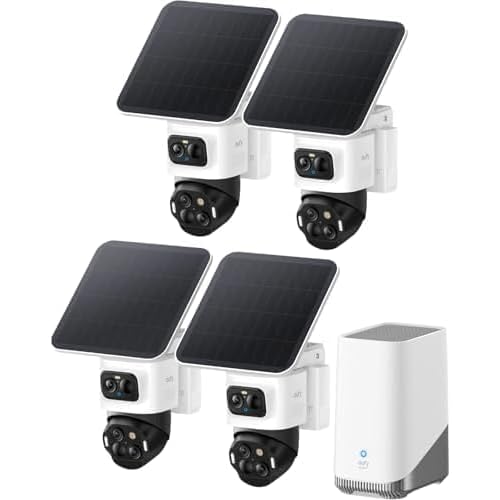 eufyCam S4 4‑Kamera‑Set, kabellose Solar‑Überwachungskamera außen, 3‑Linsen Bullet‑PTZ‑Kamera, 4K UHD, 360° Multi‑Kamera‑Tracking, Auto‑Tracking, 8× Hybridzoom, Farbnachtsicht, 16TB lokaler
