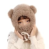 Women Kawaii Bear Ear Beanie Hat Scarf Face Cover 3 in 1, Warm Hoodie Hat Long Scarf Gloves Soft Plush Shawl Wraps Hooded Cap Brown