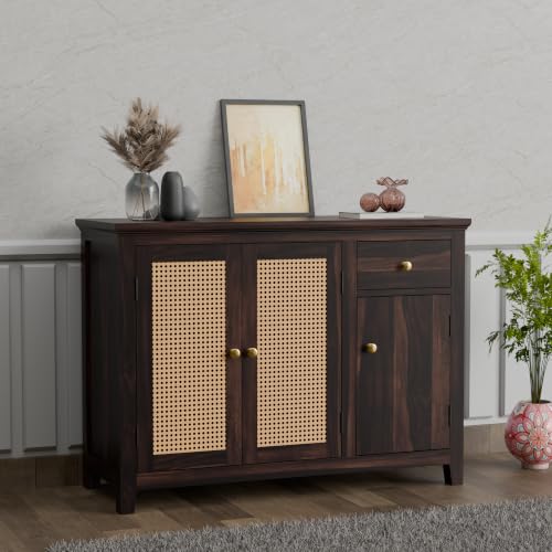 Image of Solid Sheesham Wood Sideboard Cabinet with 2 Cane Doors, Storage Shelves & Drawer | Wooden Storage Cabinet for Living Room, Dining Room & Hallway | Buffet Console Cabinet for Home Decor |Walnut Finish