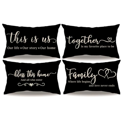 Set of 4 Farmhouse Decor Pillow Covers Family Inspirational Quotes Rectangular/Waist Cushion Cover Rustic Family Words Country Lumber Decor Pillowcases 12" X 20" for Sofa/Couch/Porch(Black)