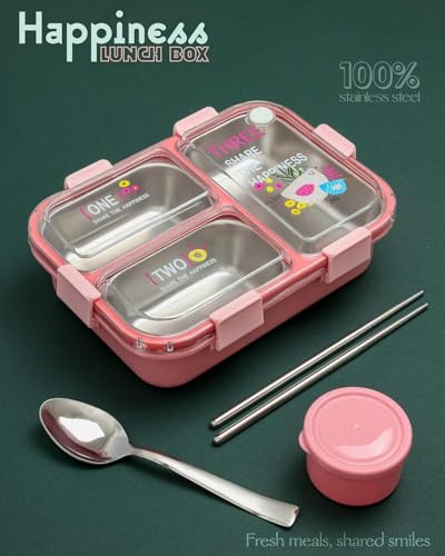 Image of PRIME DEALS Lunch Box 3 Compartment Leak-Proof BPA Free Stainless Steel, Lunch Box for Kids, Lunch Box for School & Office with a Fork, a Spoon and a Pair of Chopsticks (Pink, 3 Compartment)