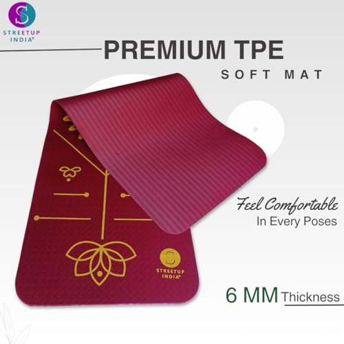 Image of Streetup India TPE Yoga Mat With Body Alignment |6 mm Thickness| for Men and Women| Ideal Exercise Mat For Yoga, Pilates And Workout| Anti Skid (Maroon)