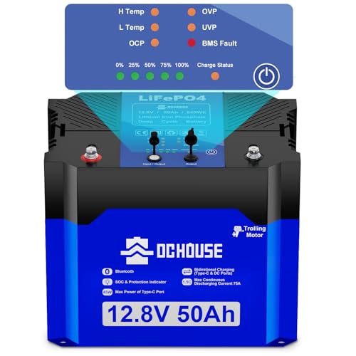 DC HOUSE 12V 50Ah 2.0 Trolling Motor LiFePO4 Battery, 75A BMS, DC & USB-C Port, Marine Battery w/SOC Status Indicators, Bluetooth & L/Temp Cut-Off, Group 47 Replace Trolling Motor Box for 30-65 lbs