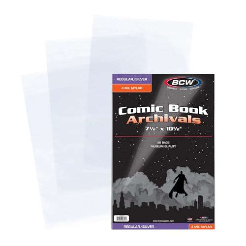 BCW Silver/Regular Comic Mylar Archivals - 4 MIL | Archival Polyester Mylar Comic Bags for Silver Age & Regular Comics | 25 Pack | 4 mil Thickness with 1.5