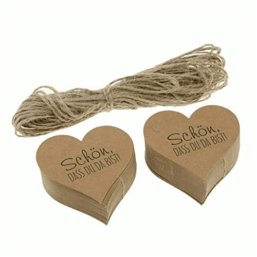 100 Stück Kraftpapier Etiketten Tags, Schön DASS DU DA BIST Herz Anhänger mit Jute Schnur, Hangtag Etiketten für Hochzeit Geschenke Gastgeschenke (Braun) Cover
