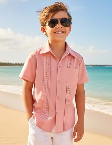 Image of Boys Guayabera Shirt Short Sleeve Button Down Casual Linen Shirt with Pockets for Summer Hawaiian Holiday 4-13Y