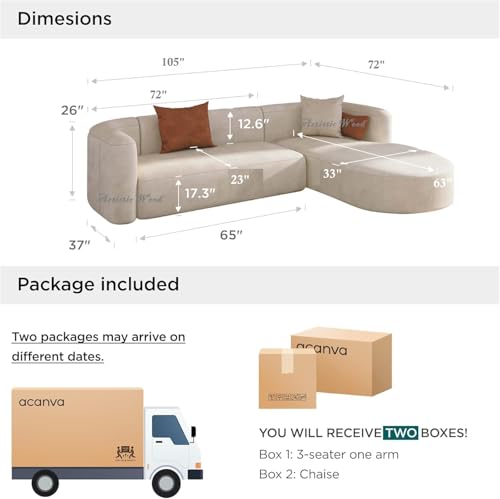 Image of 105 inch Luxury Modern Tight Curved Back Velvet Sofa, Minimalist Style Comfy Couch for Living Room Apartment, L-Shape Chaise, Brown