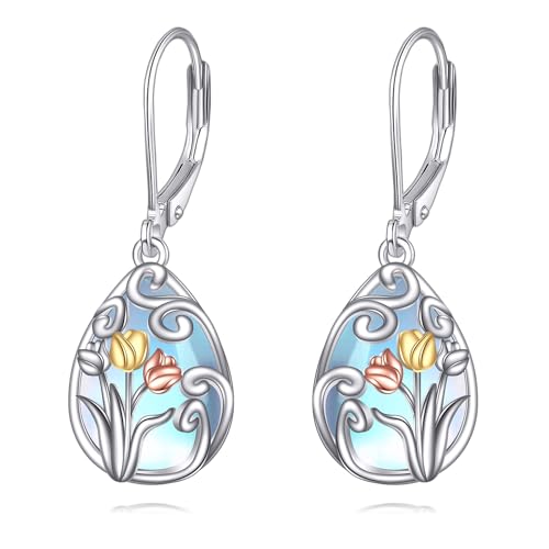 Boucles d'oreilles tulipes argent 925 pierre de lune bijou floral pour femme