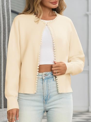 Image of Saodimallsu Womens Fall Open Front Cardigan Sweaters Pearl Long Sleeve Knit Tops Crewneck Dressy Casual Sweater Jacket