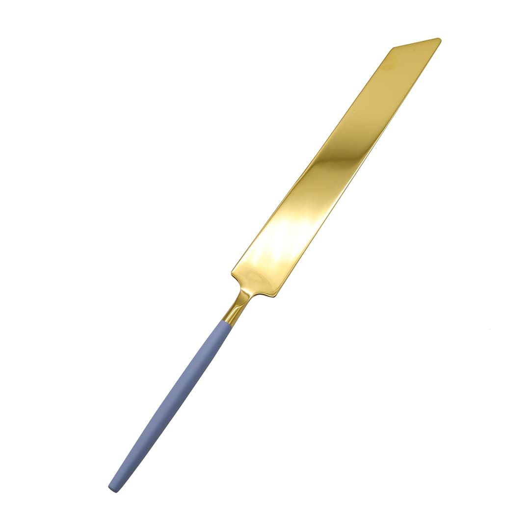 Koyal Wholesale Moderno juego de cuchillos y servidor para tartas de boda, cortador de pastel dorado y servidor de 2 piezas con mango azul polvoriento