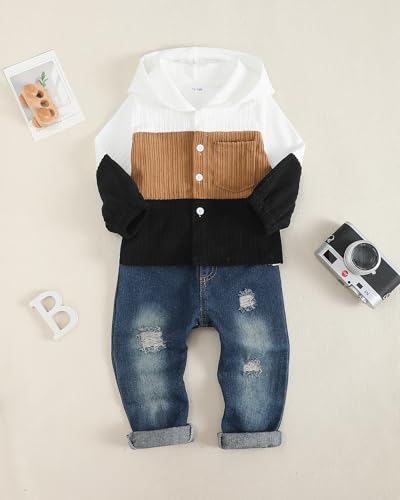 Image of Renotemy Toddler Baby Boy Clothes Denim Outfits Infant Hooded Sweatshirt Jeans Pants Little Boys Clothing