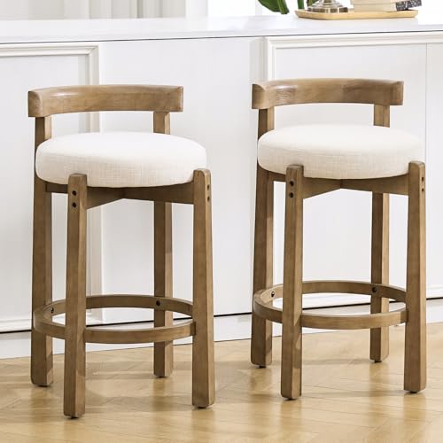 CIMOTA 26.5" Counter Height Bar Stools Set of 2 | Mid Century Modern Low Back Bar Chairs with Solid Wood Legs & Linen Upholstered Seat, Kitchen Island Stools, Beige 2 PCS 26.5" Linen Beige