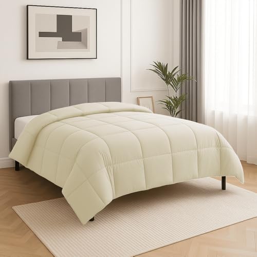 Image of Full Size Comforter Set - All Season Down Alternative Bedding Comforter Set - Quilted Duvet Insert with Corner Tabs - Box Stitched Blanket - Breathable, Soft - Ivory