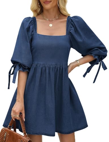 Denim Dress for Women Square Neck Jean Dress Puff Sleeve Babydoll Casual Denim Romper Outfit with Pockets