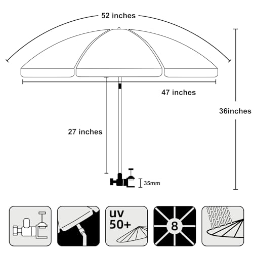 Image of AMMSUN XL Chair Umbrella with Universal Clamp Adjustable 47 inches and 360-degree Swivel UPF 50+, Portable Clamp on Camping or Beach Chair, Stroller, Wheelchair, Golf cart, Navy Blue, Large-sized