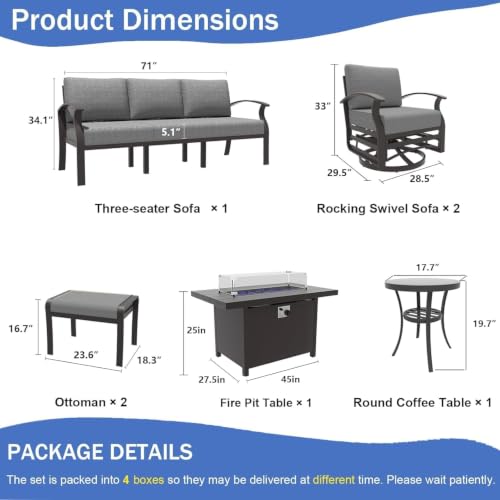 Image of Aluminum Patio Furniture Set with Fire Pit Table, 9 Seats Metal Outdoor Sectional Sofa with Swivel Chair, Modern Patio Conversation Sets with Upgrade Cushions for Patio, Deck, Backyard - Grey