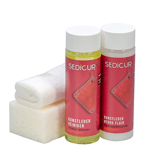 SEDICUR 4-Teiliges Kunst- und Textilleder Set Je 200 ml Reiniger und Fluid Schwamm und Tuch