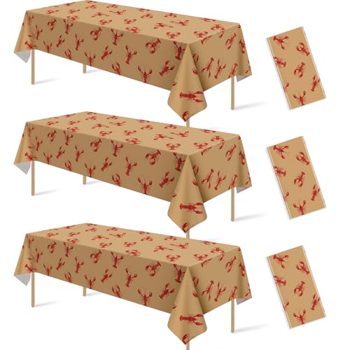 Hauwellter 3 Pack Crawfish Boil Party Tablecloth 108x54 Inch Plastic Disposable Rectangle Lobster Table Cloth for Seafood Boil Party Supplies Crawfish Party Birthday Decoration (Kraft Paper Color)