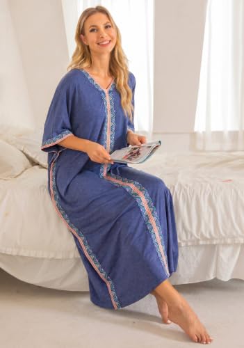 Image of Bloggerlove Women Nightgowns Cotton Caftan House Dress Short Sleeve Sleepwear Vacation Beach Moo Moos Dress with Pockets