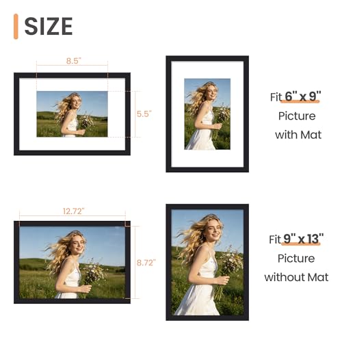 Image of upsimples 9x13 Frame, Display Pictures 6x9 with Mat or 9 x 13 Without, Wall Hanging Photo Frames, Black, 1 Pack