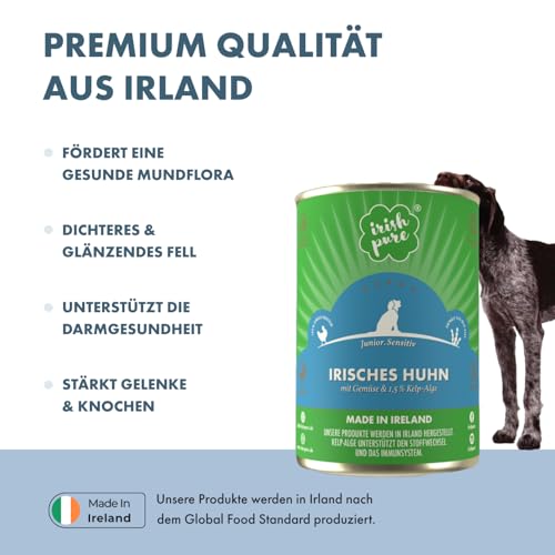 Irish Pure Premium Junior Nassfutter für Hunde | 6 x 390g | irisches-Huhn | Vitamine | Getreidefrei | Sensitiv | mit Superfood Kelp-Alge | Nassfutter für alle Rassen