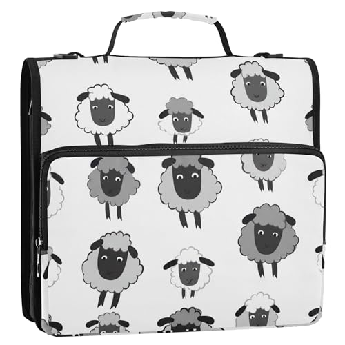 かわいい羊 ブラック グレー ホワイト バインダー ジッパーオーガナイザー 1.5インチ 3リングバインダー 高耐久 スクールバインダーバッグ ショルダーストラップ付き ポートフォリオ 500枚収納