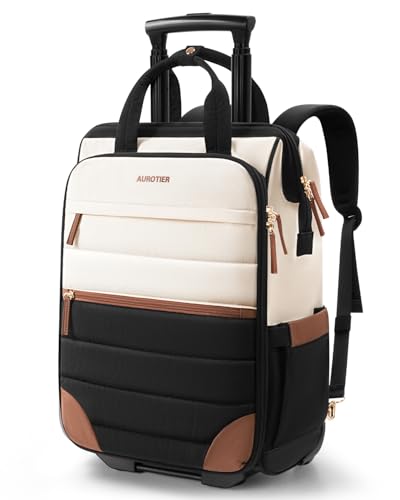 Rolling-Puffer-Backpack-for-Women-Travel-Backpack-with-Wheels-16-Inch-Wheeled-Laptop-Backpack-Dual-Opening-Design-Overnight-College-Underseat-Carry-on-Luggage-Roller-Business-Work-Bag-Beige-Brown Rolling Puffer Backpack for Women, Travel Backpack with Wheels, 16 Inch Wheeled Laptop Backpack, Dual-Opening Design Overnight College Underseat Carry on Luggage, Roller Business Work Bag, Beige Brown - Image 1