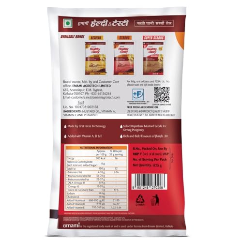 Image of Emami Healthy and Tasty Strong Kachchi Ghani Mustard Oil Pouch, 825 G.