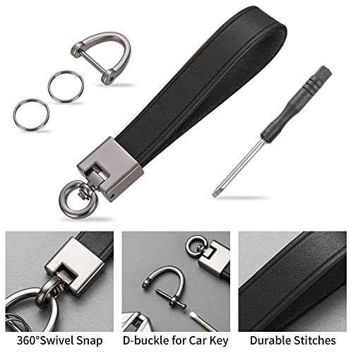 Hamdecro Genuine Leather Key Chain, Universal Car Keychains For Men And Women, Key Fob Holder With Anti-Lost D-Ring, 2 Keyrings And 1 Screwdriver - Black #TOP2