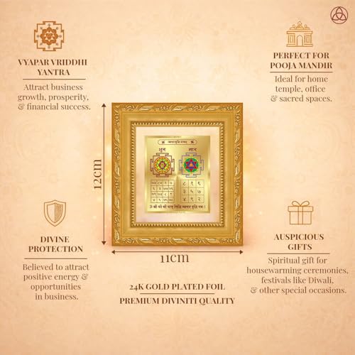 Image of DIVINITI Siddh Energised Vyapar Vriddhi Yantra | 24k Gold Plated Foil Business Growth Vastu Frame for Home, Office & Puja Room | Spiritual Yantra for Business Growth, Prosperity & Success (12 X 11 CM)