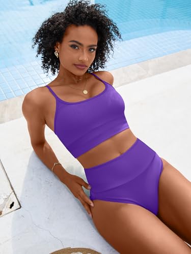 Image of ANRABESS Women's High Waisted Bikini Sets,Color Block 2 Piece Swimsuits,Tummy Control Bathing Suits,Thick Ribbed Beach Wear