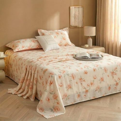 Image of BSB HOME Cloud Cotton King Size bedsheet | Flatsheet Summer Sheet with Two Pillow Covers | Super Soft Bed Sheet for King Size Bed Durable| Floral Design (270 x 250 cm, Off White & Rose Peach Ivory)