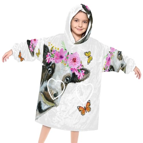 XMNYGJ Flower Cow Butterfly Wearable Blanket Hoodie for Kids Oversized Print Sweatshirt Blanket With Pocket Hooded Warm Teen Wearable Blankets, One Size Fits All, Gifts for Kids, Boys, Girls