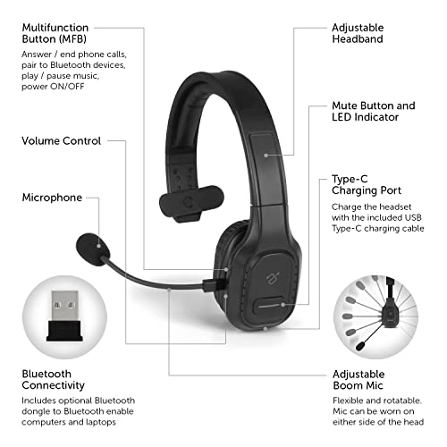 Aluratek Wireless Bluetooth 5.0 Headset With Noise Cancelling Boom Mic, For Car, Truck Driver, Business, School, Home Office, Cell Phones, Pc & Mac, 34Hrs Talk Time (Abhm100F), Black #TOP4