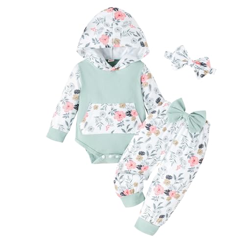 Image of LUNFEGO Newborn Infant Baby Girl Clothes 0-3-6-9-12-18 Months Outfits Sets Romper + Pants + Bow Headband for Girls